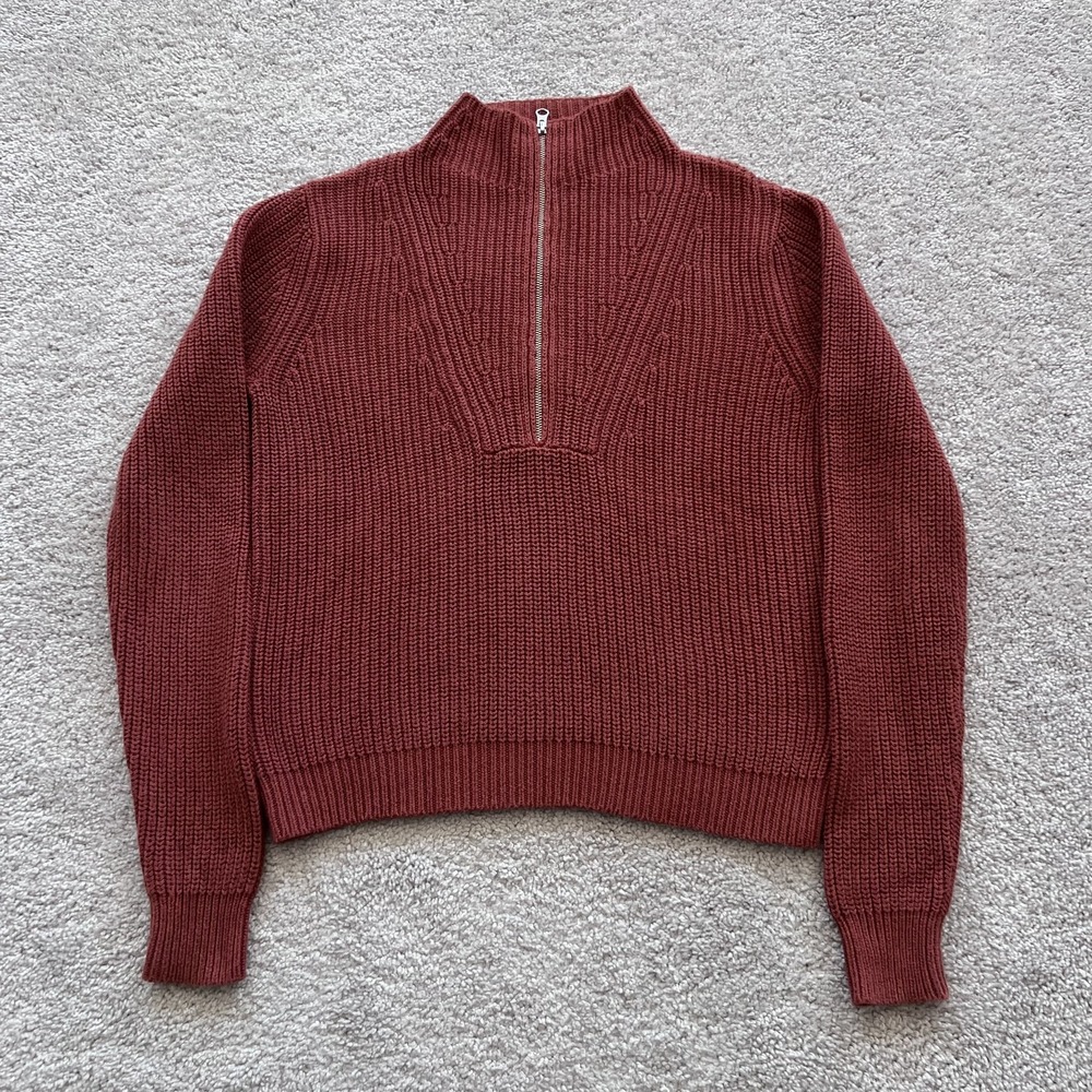 Veronica Beard Misty Zip Cotton Cashmere Knit 1/4 Zip Sweater Womens L Rust